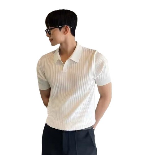 Summer 2025 Light Mature Men's Korean Style Slim Fit Collared Solid Color Casual Knit T-shirt for Cross-border Trade Wholesale