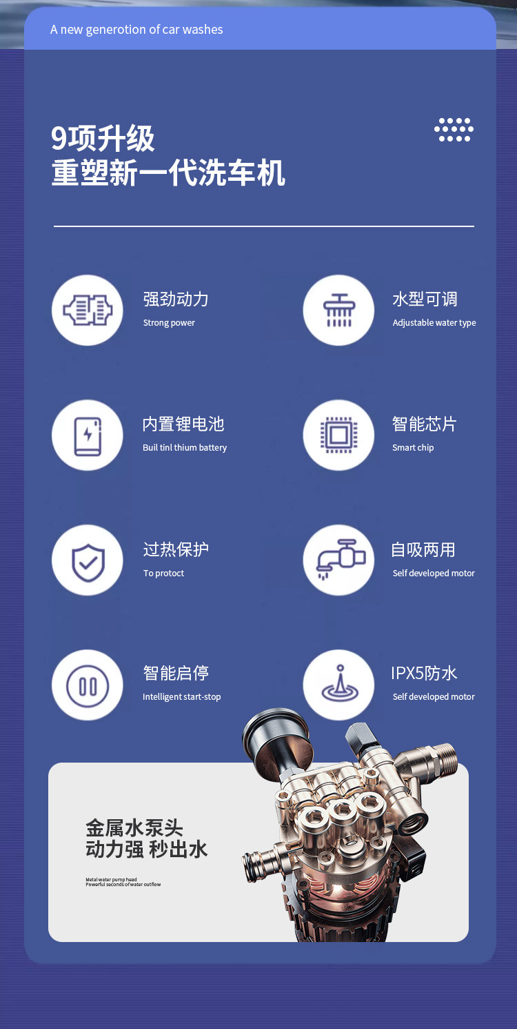 Car Wash High-Pressure Water Gun Household Electric Car Washer with Hose Wireless Lithium Battery Wireless Portable