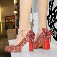 9983-H80TP Sweet Pearl Strap High Heels Women's Water Diamond Bow Square Head Waterproof Platform Coarse Straw Shoes