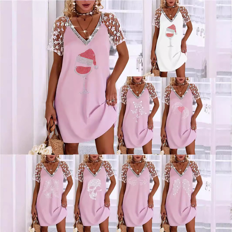 in stock 2025 new European and American Amazon AliExpress wish fashion three-dimensional lace raglan sleeve hot drilling dress