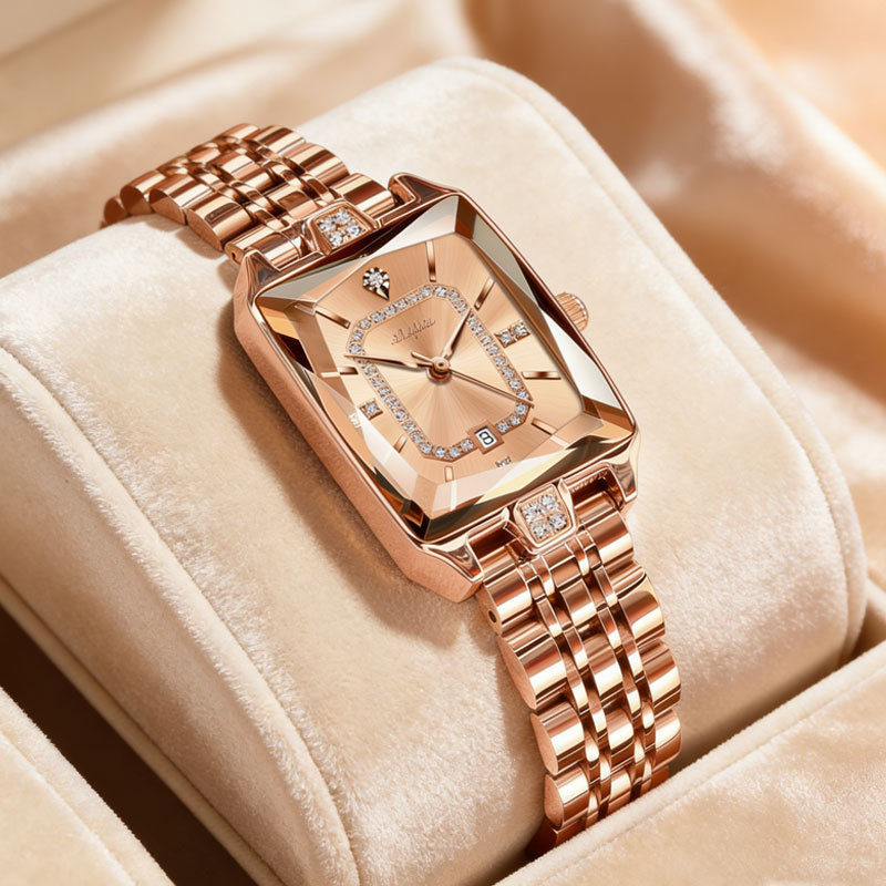 2025 New Square Women's Quartz Watch Light Luxury Waterproof Fashion Rose Gold Strap Diamond Women's Watch