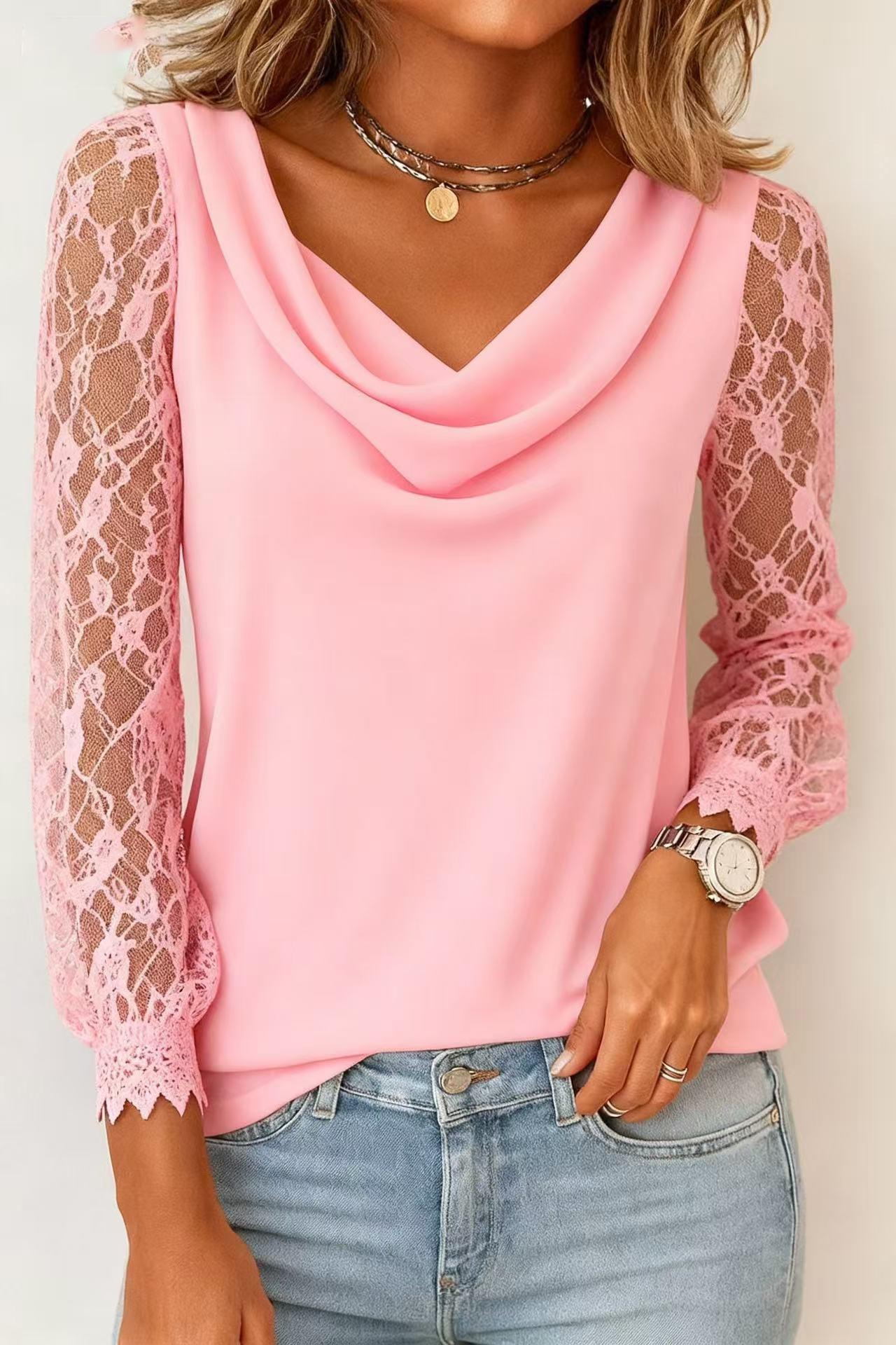 Elegante Damenbluse Mit Drapiertem Ausschnitt Und Spitze_voghion.com