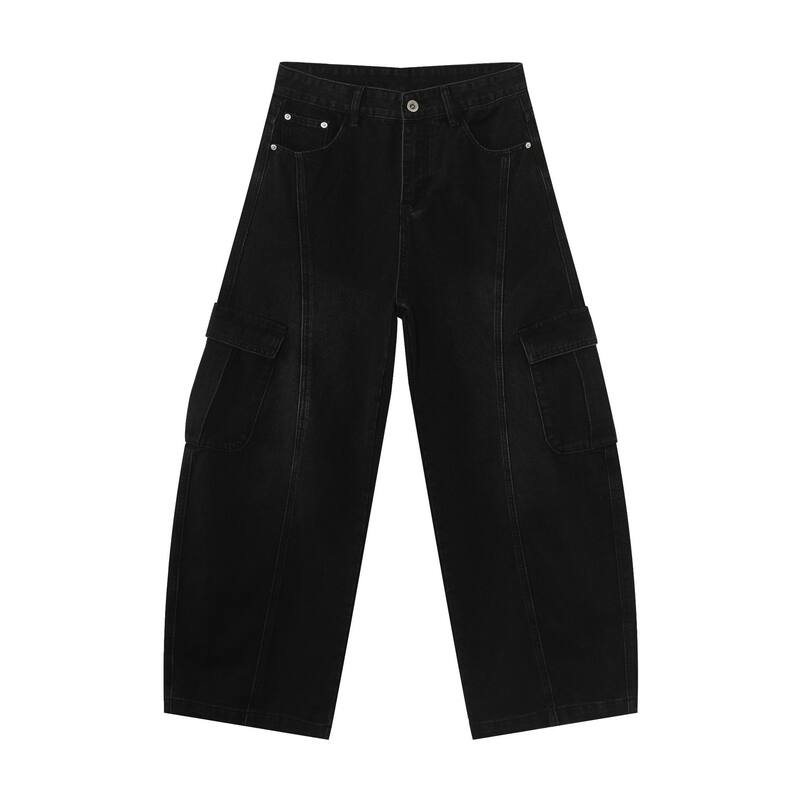 Quần jean nam ống rộng baggy phong cách retro Mỹ, nhiều túi khóa kéo, lưng giữa eo — màu xám đen