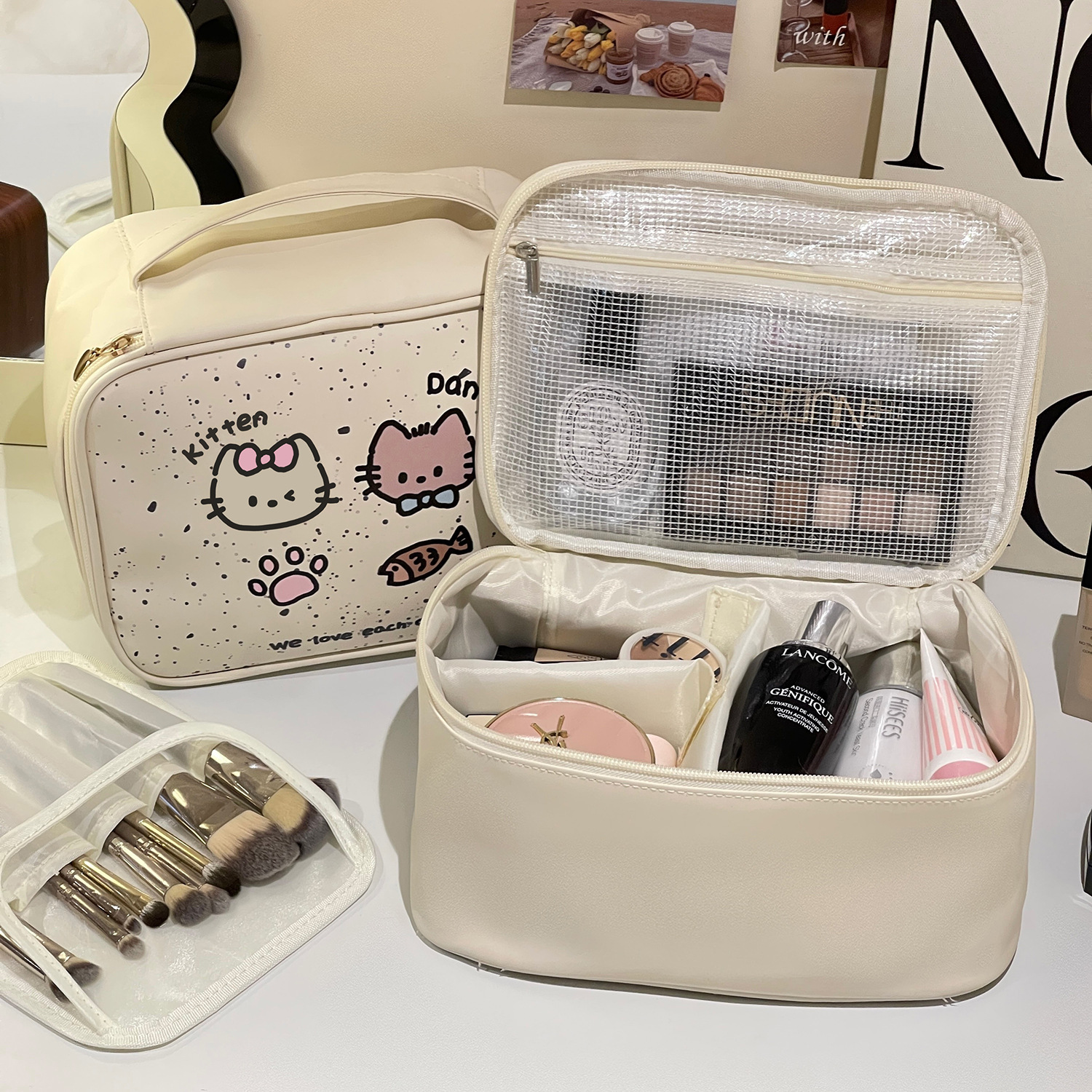 Estuche cosmético portátil para gatos lindos originales, bolsa cosmética de almacenamiento portátil para el cuidado de la piel de viaje de alta gama de gran capacidad