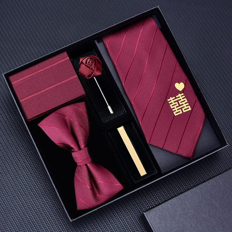 Gift Box] men's wedding tie five pieces suit business formal wear bow tie double Xi word embroidered laser LOGO order
