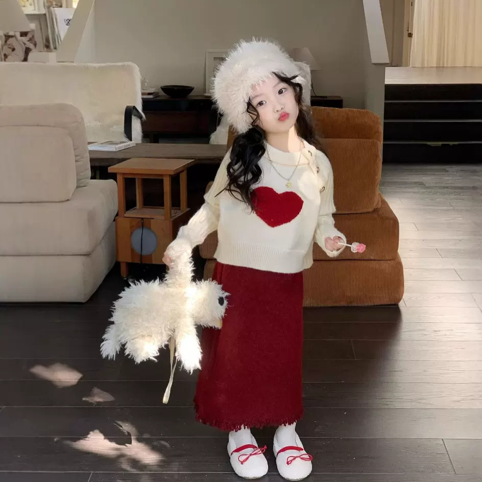 女童半身裙2024冬新年红色毛线裙气质半身长裙韩版纯色流苏长裙