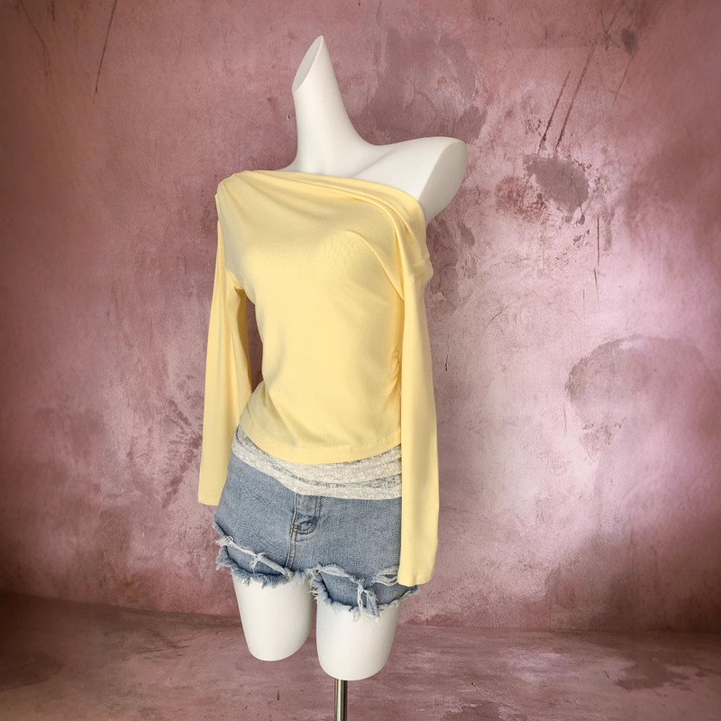 Combed Cotton Slant Shoulder Long-sleeved T-shirt Women's Creamy Yellow Base Lace Stitching Sexy Pure Style Spice Girl Top Shoulder