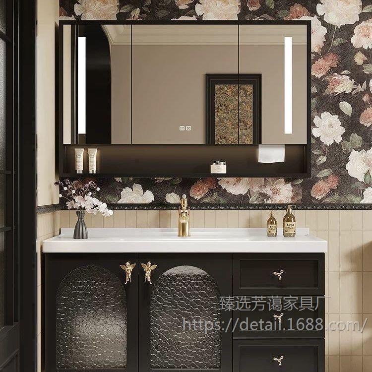 Simple and Elegant French-Style Rubberwood Smart Bathroom Cabinet with Integrated Ceramic Basin, High-End and Stylish Bathroom Cabinet Simple and Elegant French-Style Rubberwood Smart Bathroom Cabinet with Integrated Ceramic Basin, High-End and Stylish Bathroom Cabinet