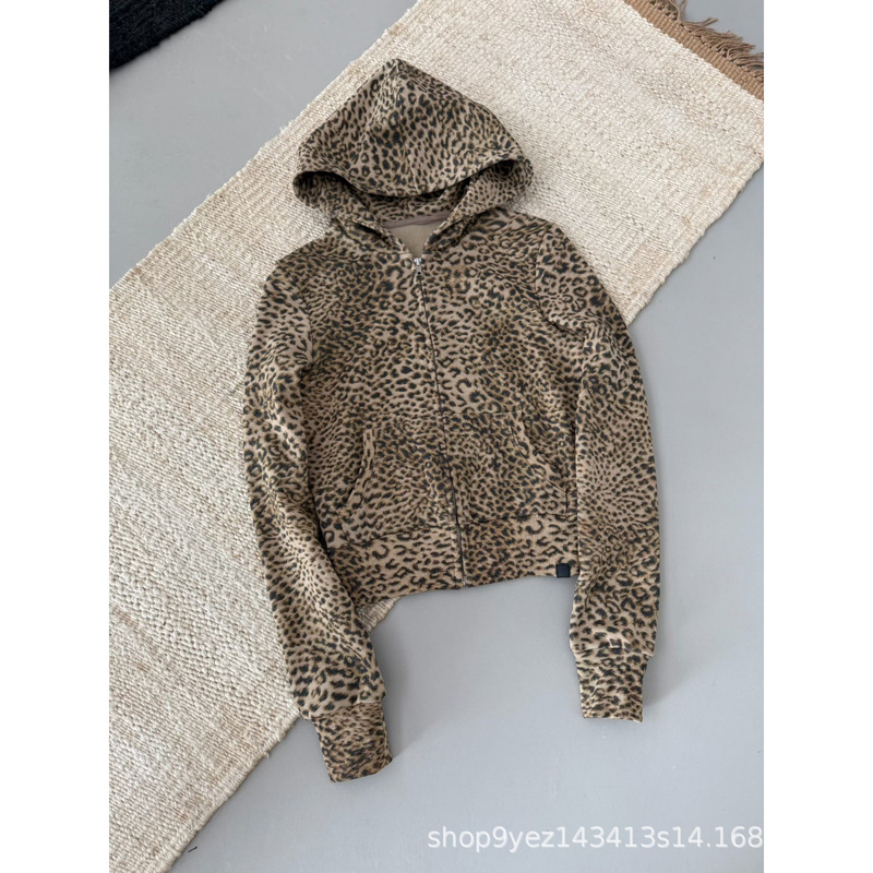 Correct version! 26 Early Autumn American-style leopard print hooded cardigan, short slim-fit zip-up sweatshirt, casual retro jacket