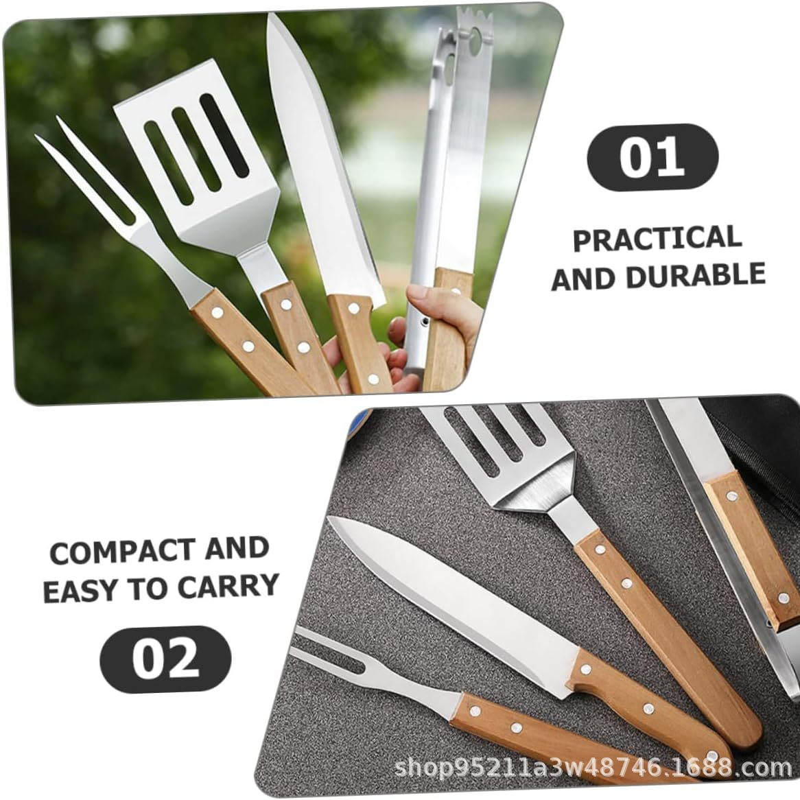 Acero inoxidable parrilla de acampamiento al aire libre BBQ conjunto de parrilla combinación de mango de madera bolsa de tela parrilla conjunto de herramientas