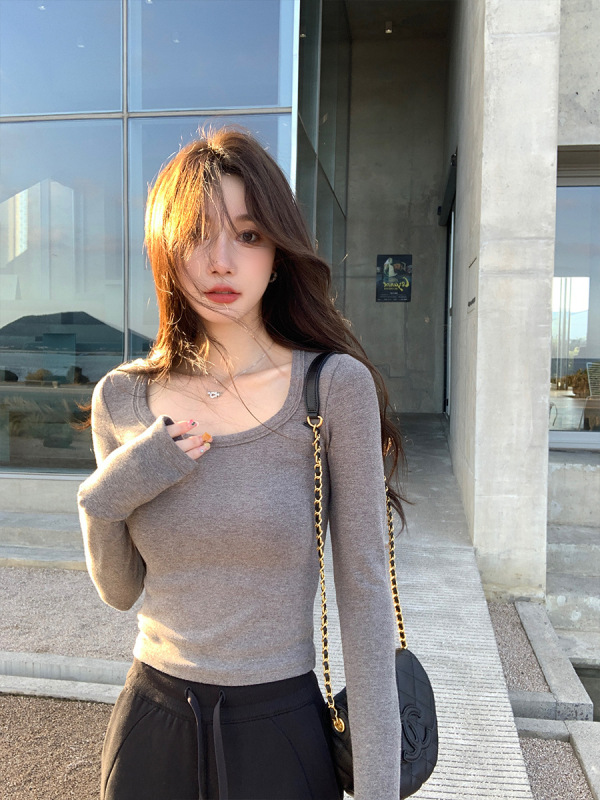 alex stevens U领纯色打底衫弹力棉修身显瘦上衣女长袖保暖衣|undefined