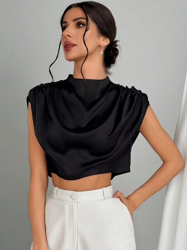 European and American Fashion Spring and Summer Pleated Satin Shirt Independent Cross-Border Satin Silk Short Shirt