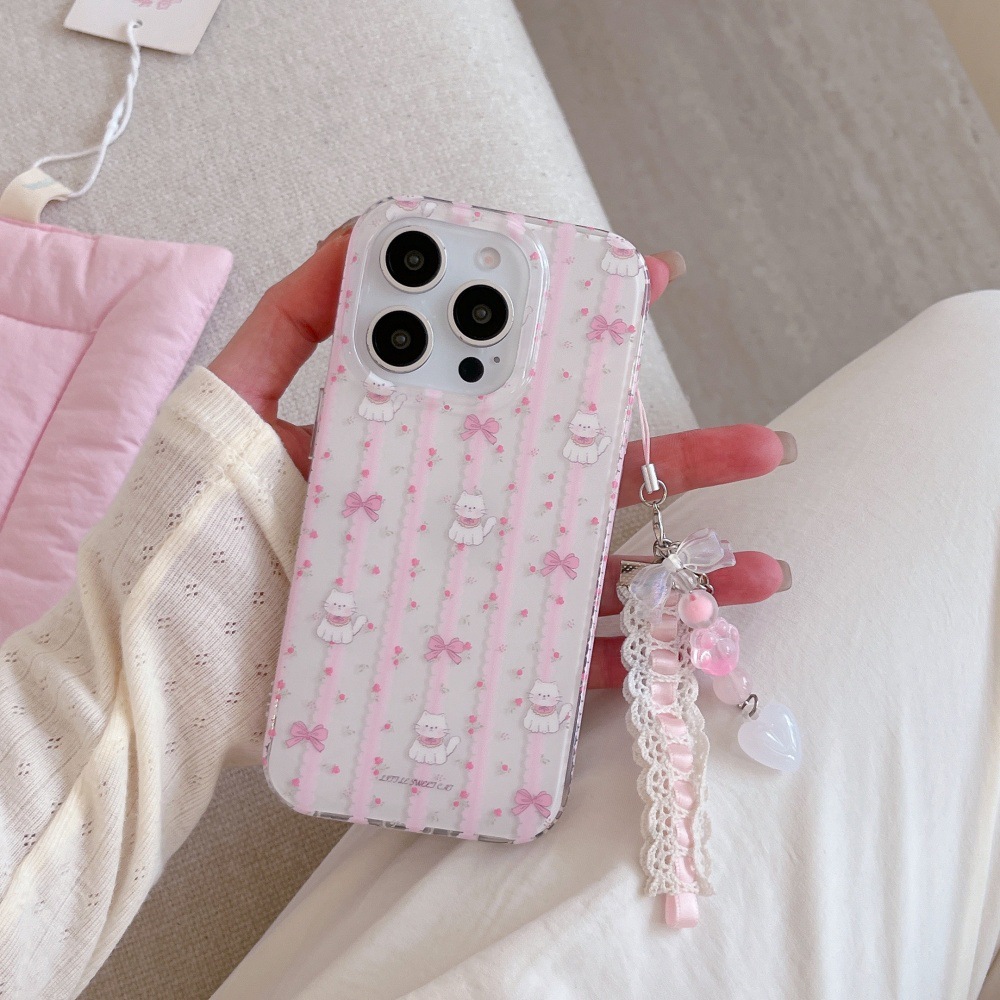 Gato con lazo floral rosa coreano para Apple 15ProMax lindo 16Pro nicho 14/13 nuevo 16