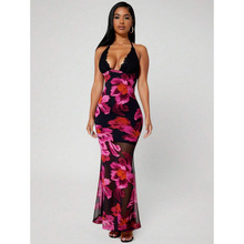 K 79974 U neck backless printed long dress U ��¶��ӡ����ȹ
