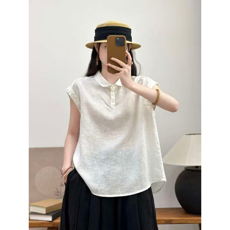 High-End Fashion Solid Color Simple Cotton and Linen Sleeveless Shirt for Women, New Summer Style, Loose Fit, Slimming, Casual and Elegant Top