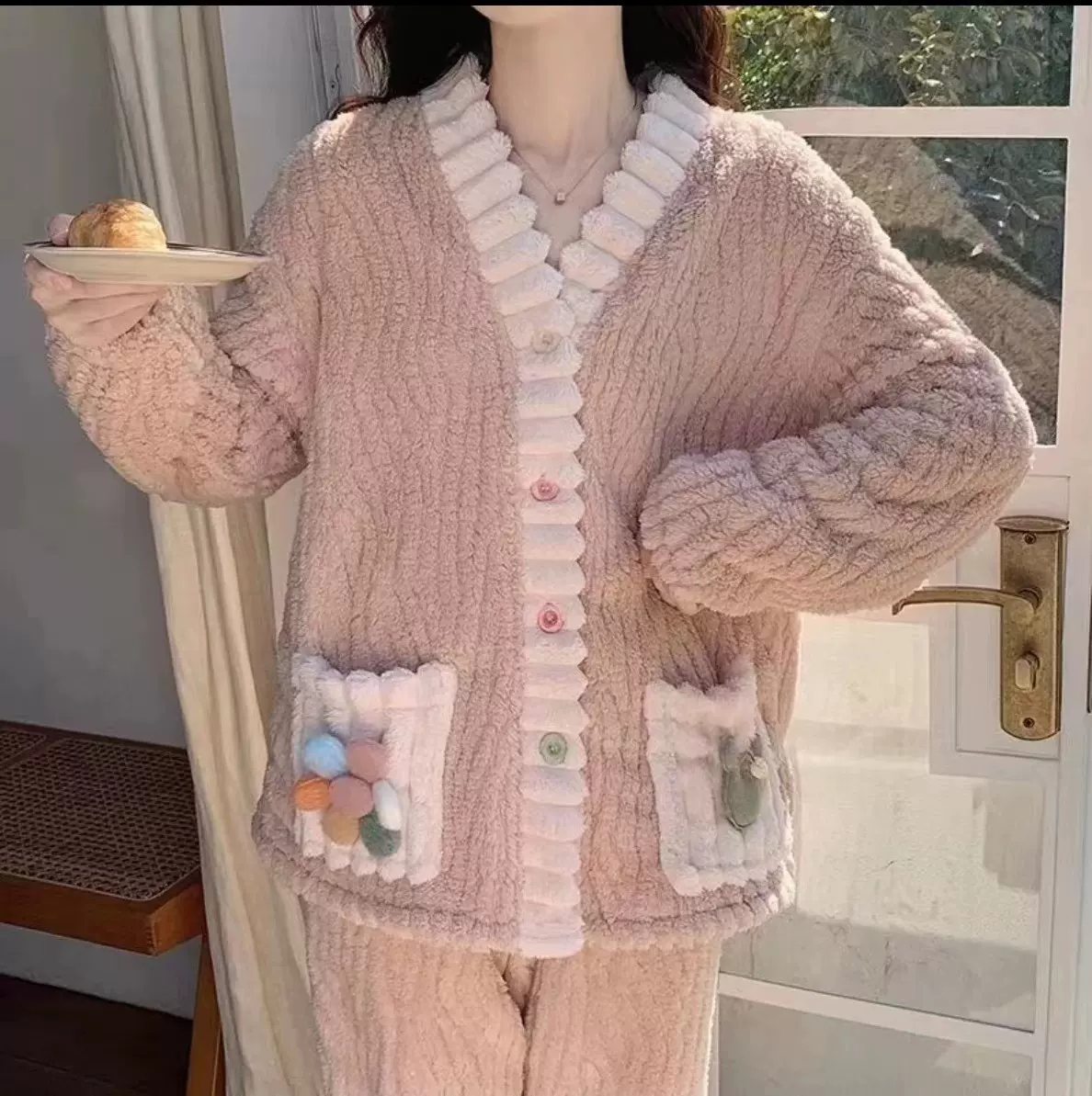 彩虹开衫两件套女冬季珊瑚绒双面加厚睡衣保暖家居服甜美暖暖套装