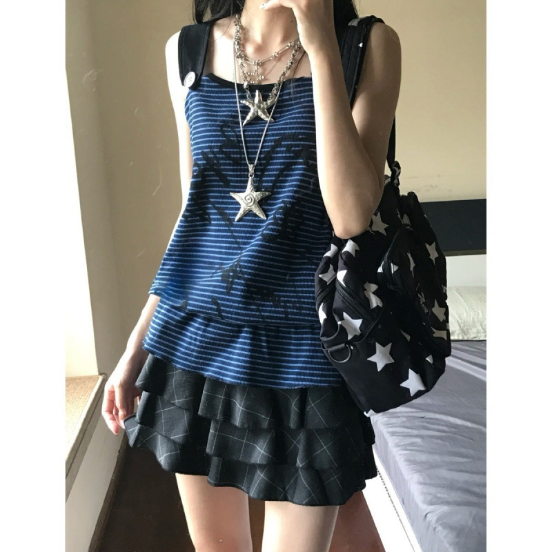 Vintage College Style Y2K Striped Graffiti Tank Top and Leopard Print Skirt Two-Piece Set for Women in Summer