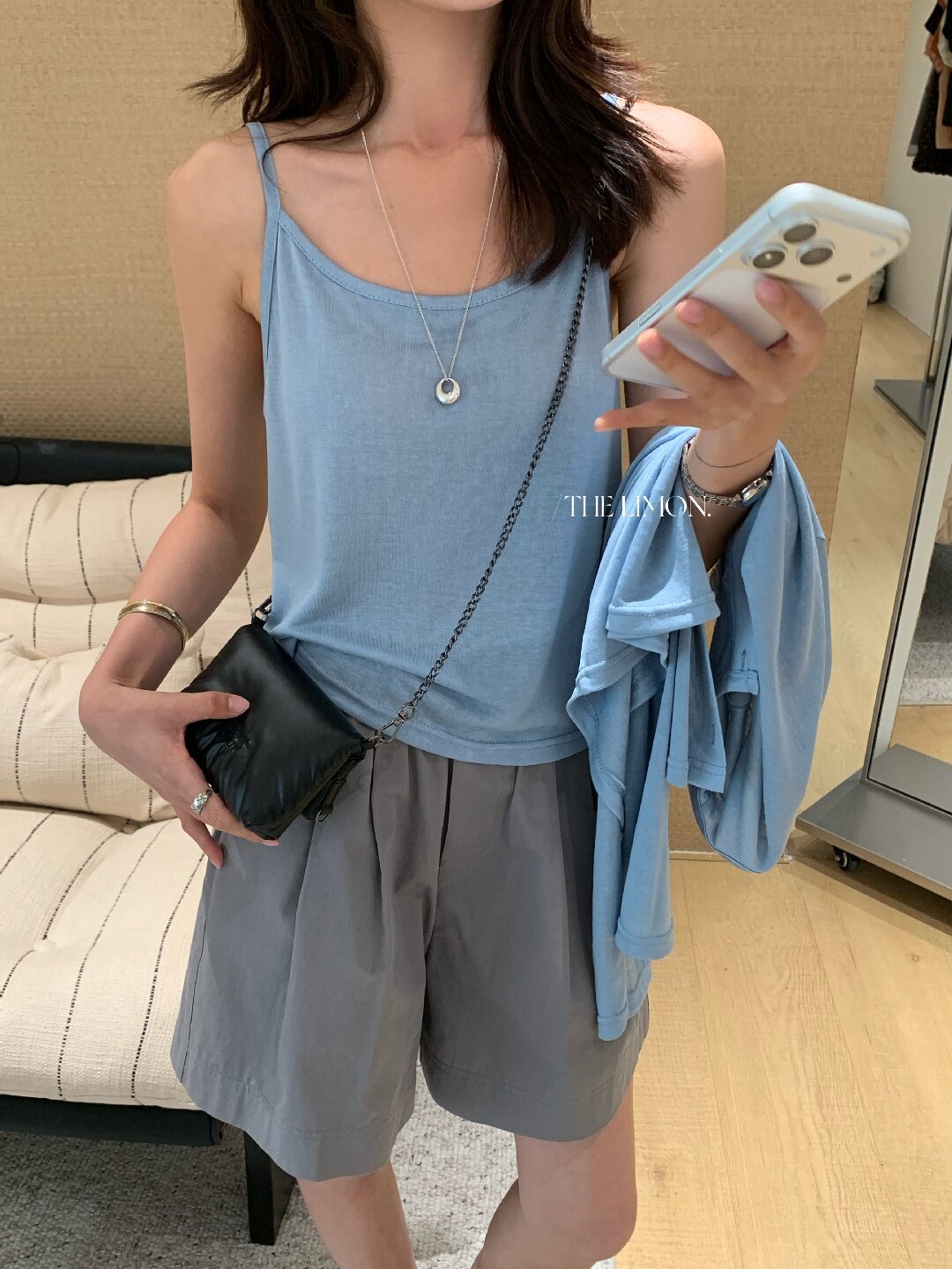 Bộ cardigan len mỏng kèm áo hai dây hai mảnh nữ mùa hè — Xám cacbon, xanh lam, màu hồng, Đậu xanh chi tiết 14