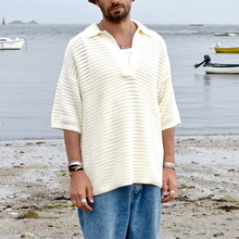 夏季新款男装镂空毛织V领衬衣男生休闲修身上衣时尚针织短袖衬衫