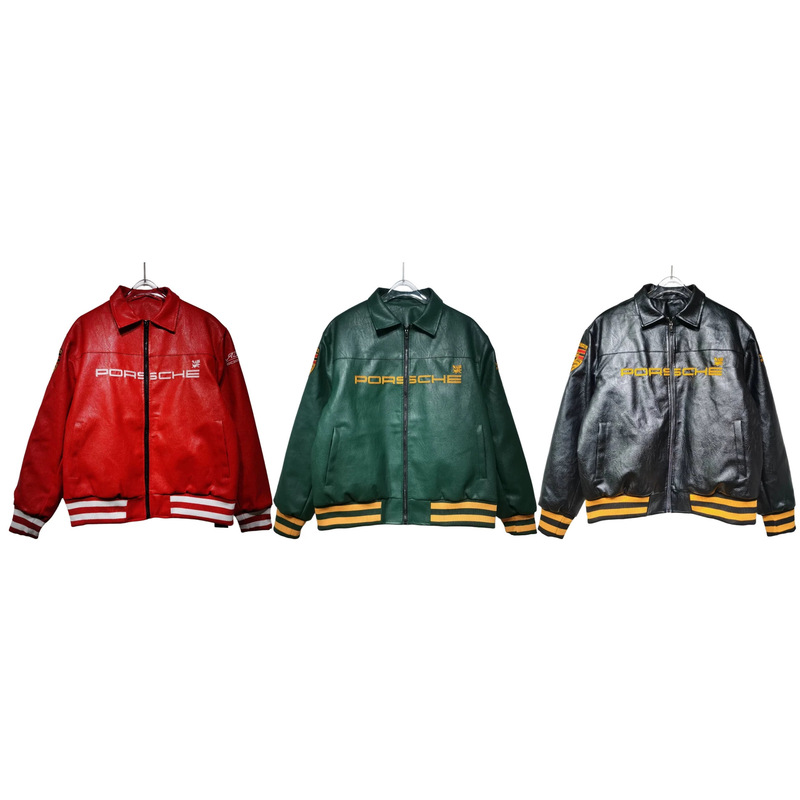 Cross-Border American High-Street Style Porsche Pu Material Color-Blocked Lapel Racing-Style Leather Jacket