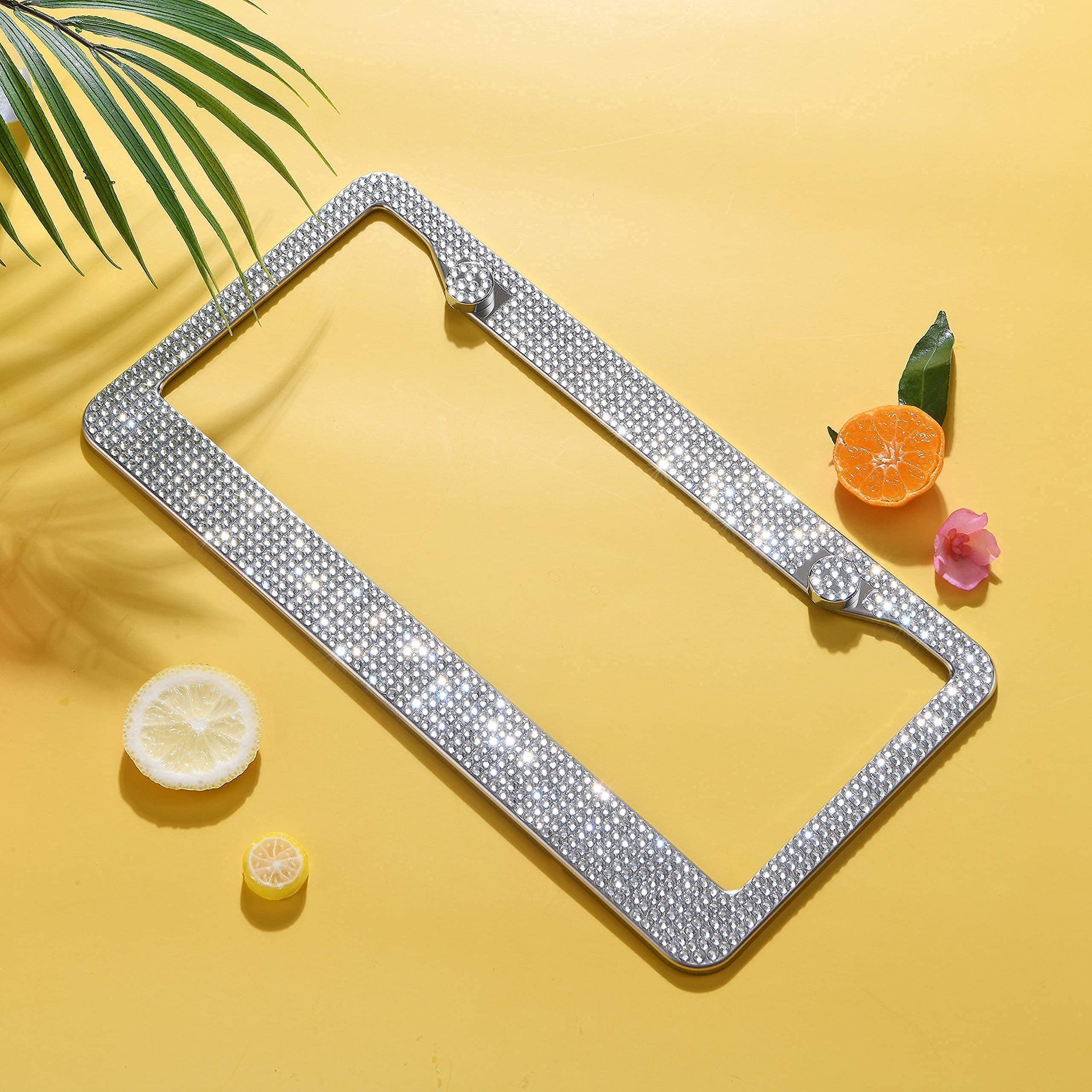Diamond-Encrusted License Plate Frame, Straight-Line Bow Style, American Standard License Plate Frame, Rhinestone License Plate, Direct Sales from the Source Manufacturer