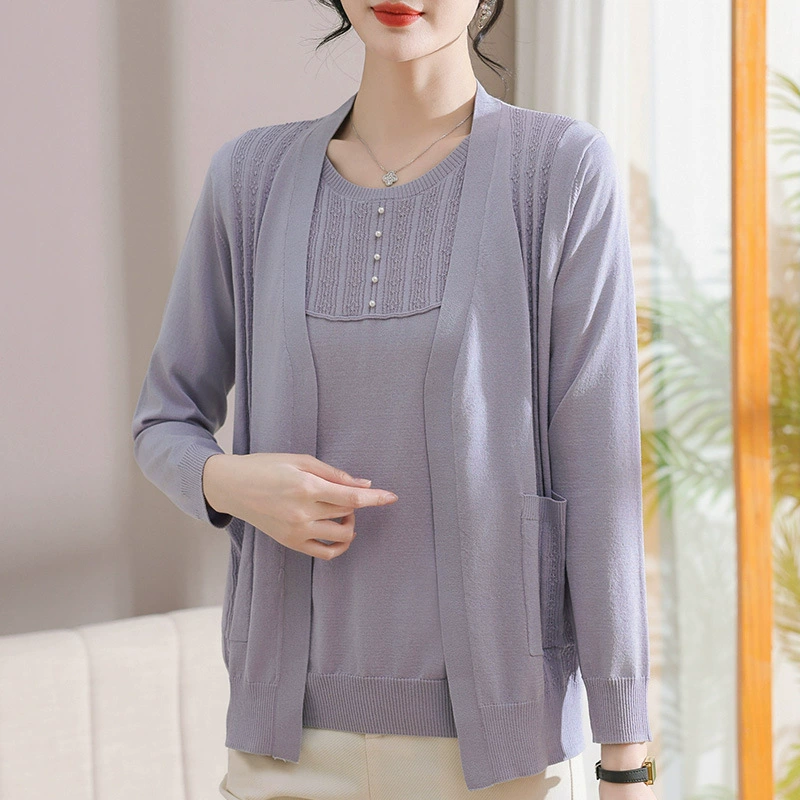 Мама весенний Однотонный свитер костюм 2024, новая маленькая рубашка в западном стиле, для женщин среднего и пожилого возраста, весенне-осенний топ из двух предметов