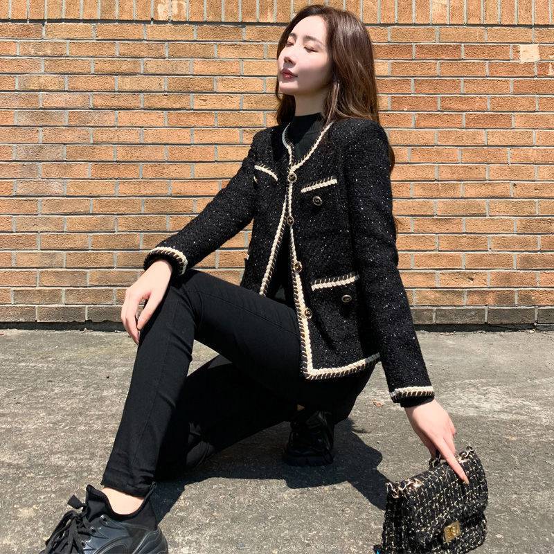 黑色小香风短款外套女2025新款春秋小个子名媛粗花呢毛呢上衣