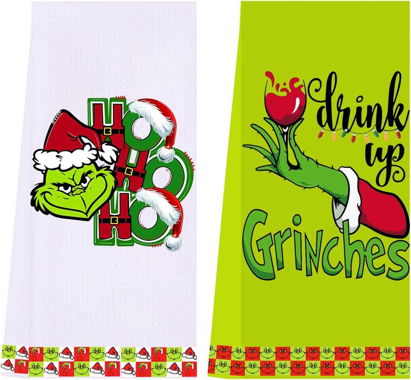 Christmas Grinch Kitchen Towel, Grinch Bathroom Hand Towel, Grinch Christmas Decoration, Grids