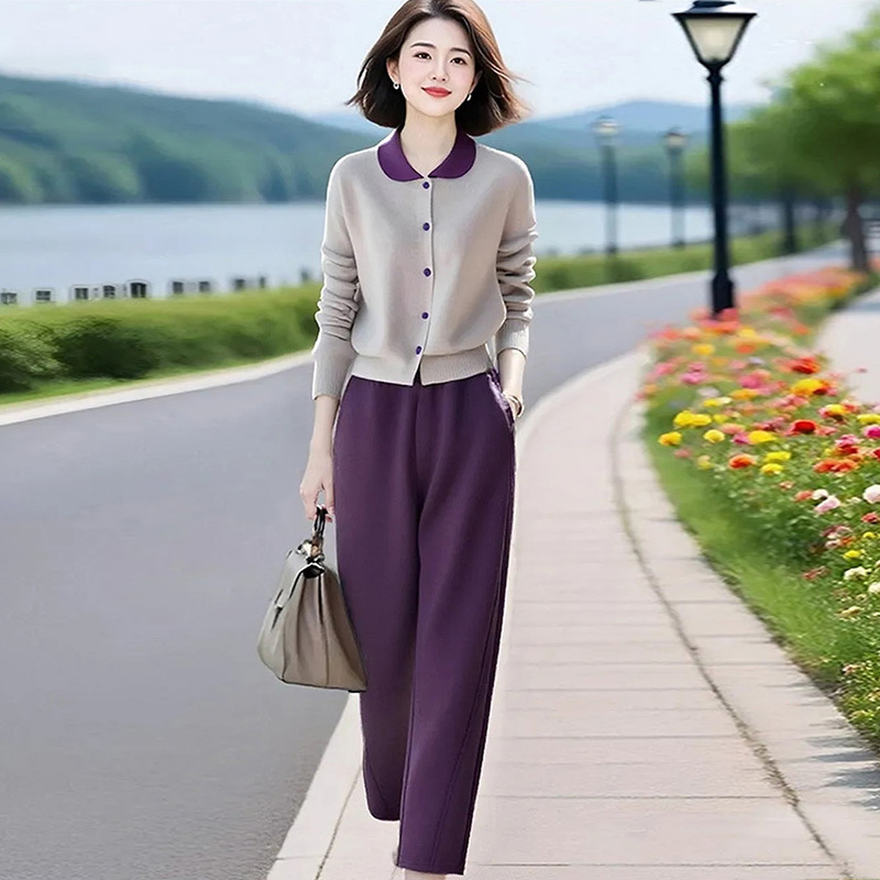 中老年妈妈穿搭一整套高级感撞色翻领针织衫+休闲气质裤子两件套
