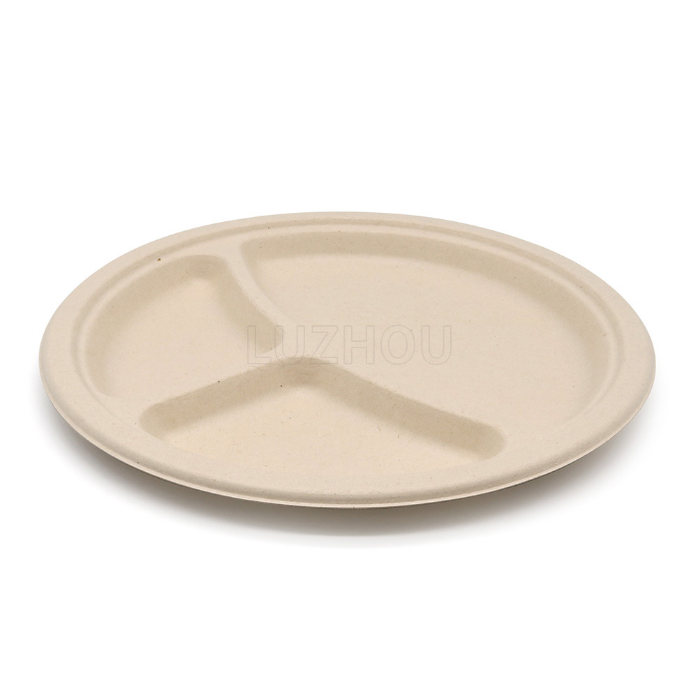 Plato Redondo de 3 Compartimentos de 10 Pulgadas de Pulpa de Caña de Azúcar Shaoneng Oasis, Vajilla Desechable Ecológica, Biodegradable y Compostable, Tipo Bento