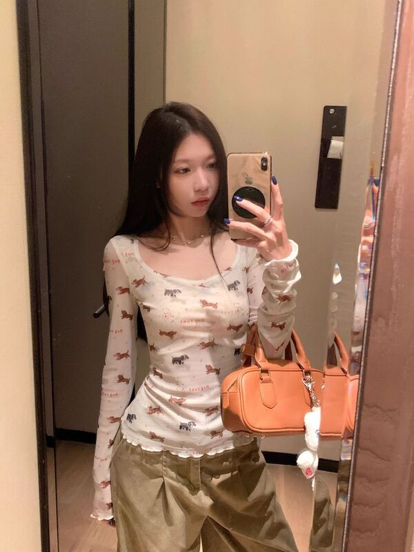 【网纱面料】早秋设计感修身显瘦独特美式辣妹小狗印花长袖T恤女|undefined