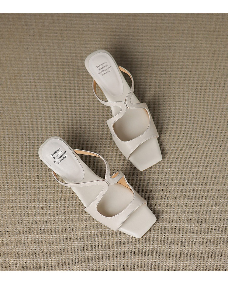 Sandal nữ da bò mũi vuông hở ngón gót lạ mắt — màu đen, màu trắng ngà, bạc chi tiết 24