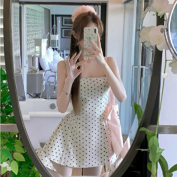 女性のための小さなフレンチポルカドットサスペンダードレス夏2025新しいスタイルの美しいAラインチュチュスカート|undefined