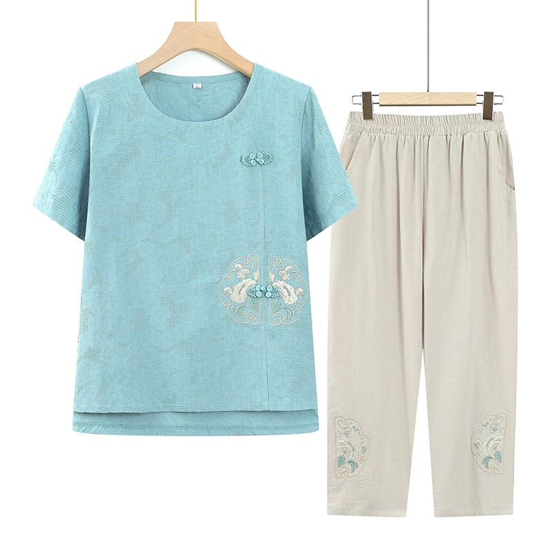 Среднего и пожилого летнего костюма, хлопчатобумажный и с короткими рукавами, иностранная бабушка, вышитый летний топ, пожилая одежда, мама, летняя одежда