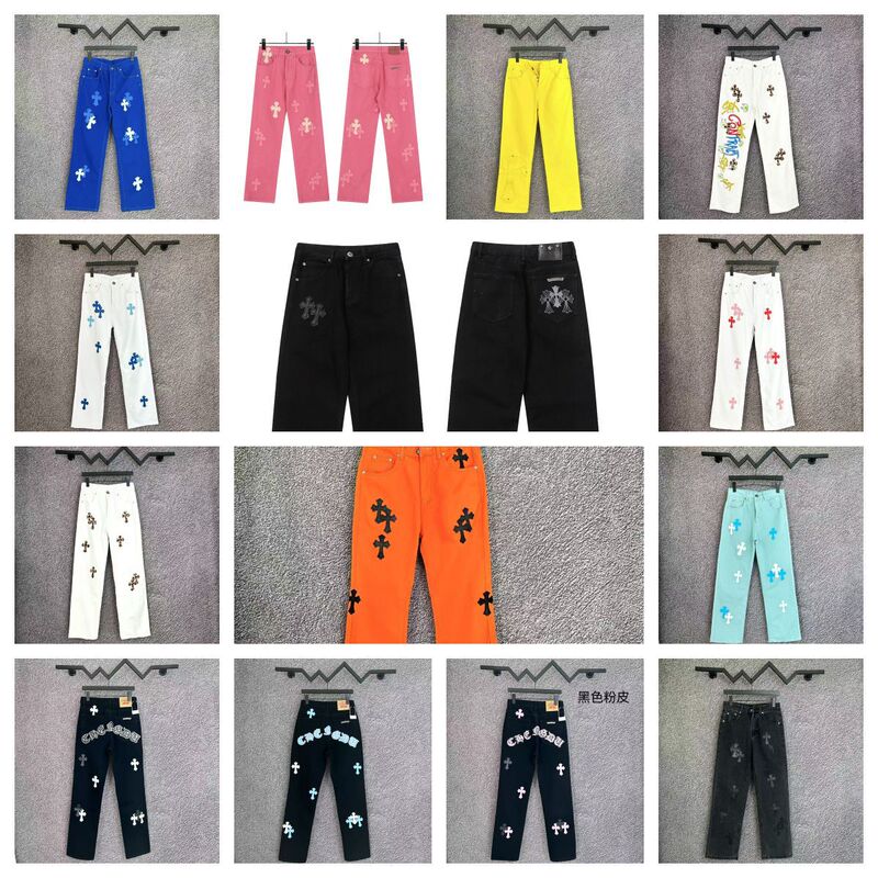 Correct Version Ch Crow Cross Leather Label Washed Jeans Couple Street Loose Denim Pants Wholesale