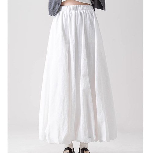 French white fluffy flower bud skirt for women's spring new elastic waist loose slimming A-line long dress