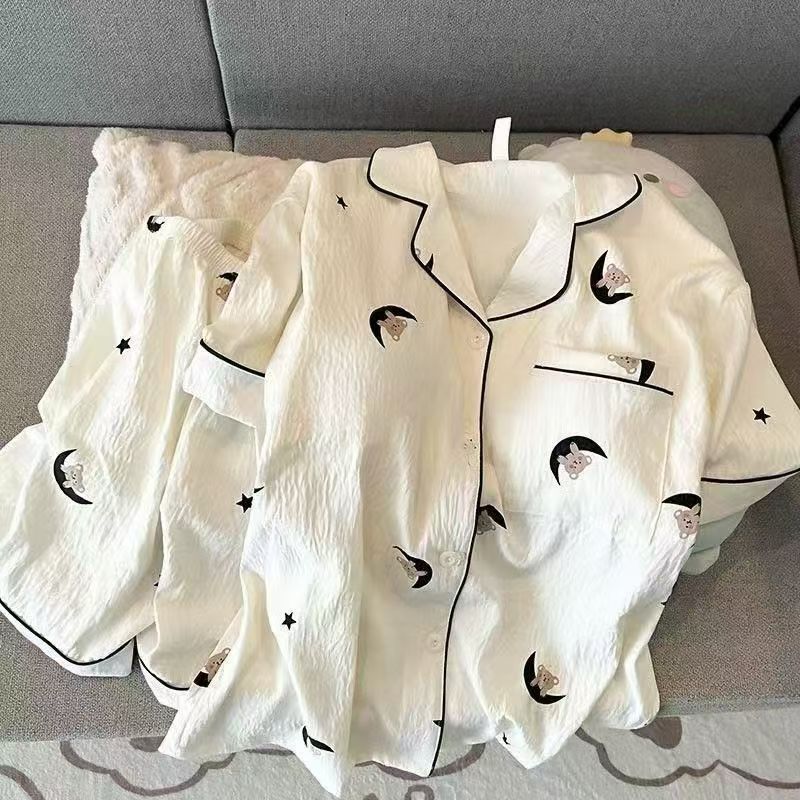 Cute punto de onda KT gato nubes pijamas de algodón mujer pantalones cortos de manga corta de verano coreano cuello de dibujos animados set de ropa para el hogar