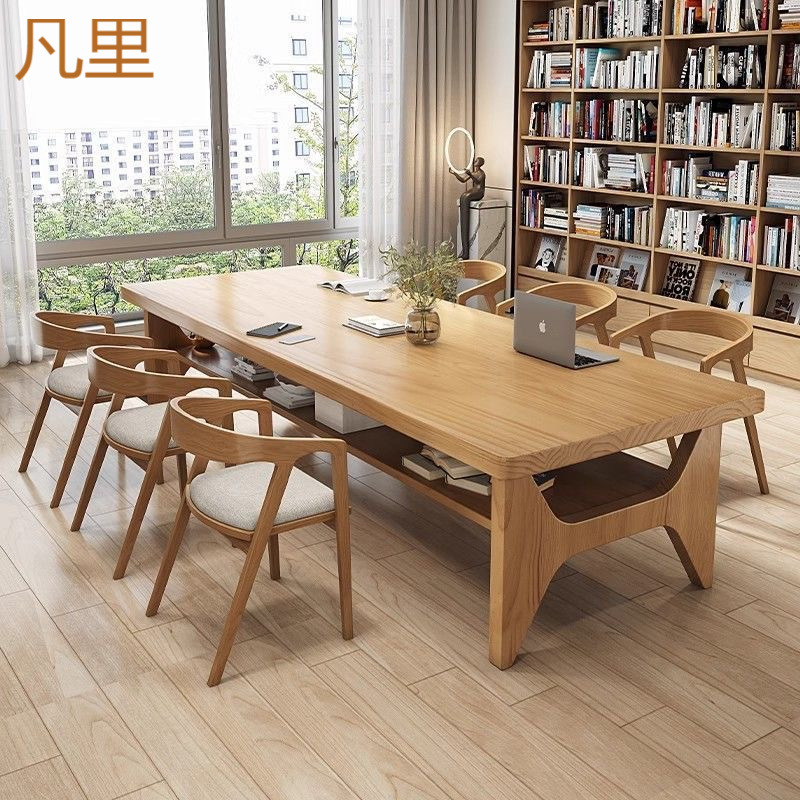 客厅实木双层书桌轻奢长方形办公桌会议桌长桌家用书房简约工作台