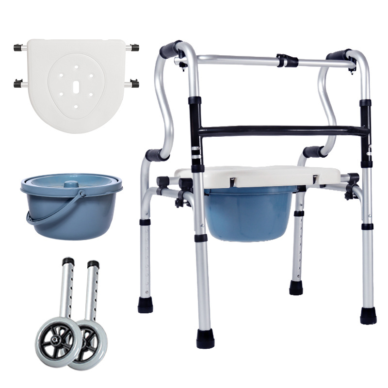 Asistente para caminar para personas mayores Dispositivo de asistencia para caminar de aleación de aluminio con inodoro con orinal, ruedas ajustables con asiento plegable