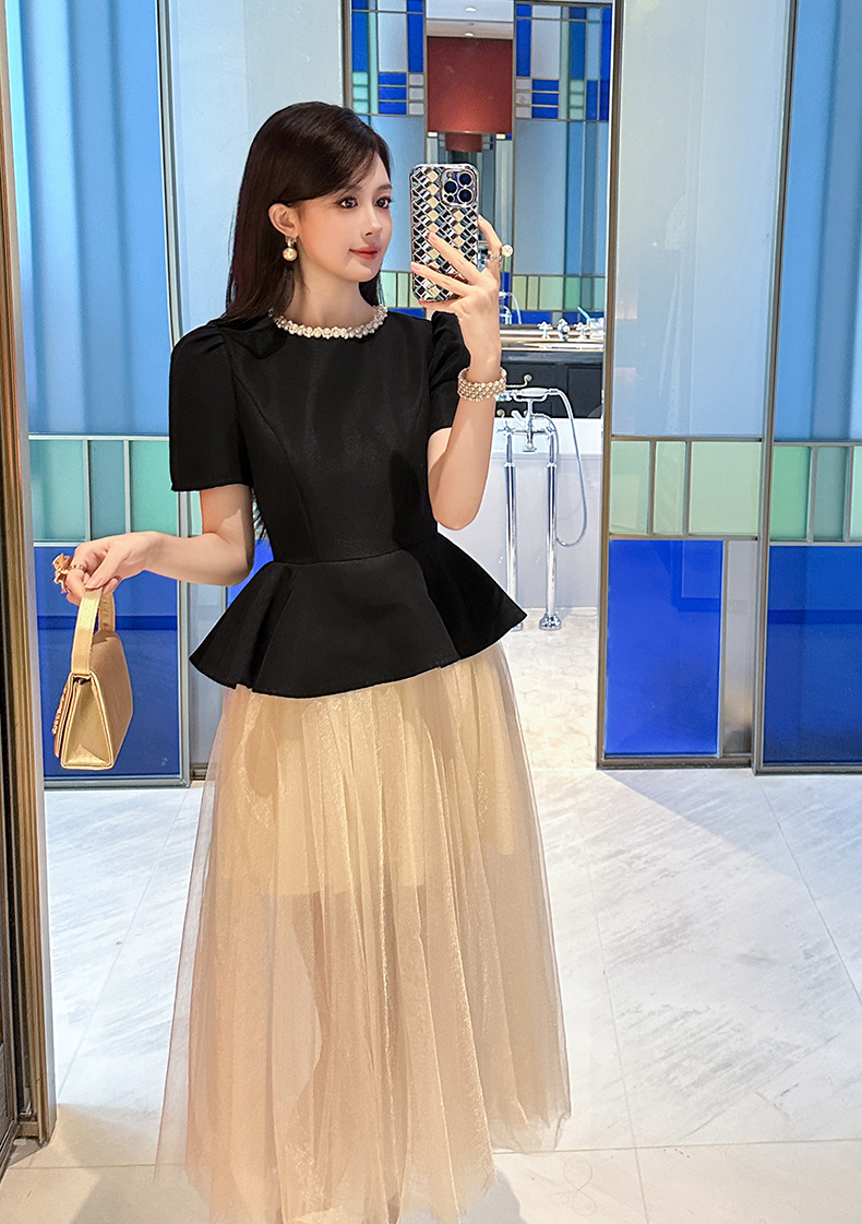 Đầm lưới phồng thon gọn thắt eo phong cách Pháp — Màu đen chi tiết 1