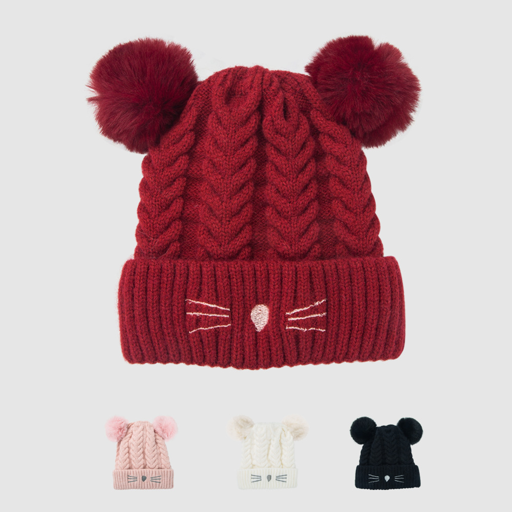 2021 New Baby Hat Autumn And Winter Cute Fleece Lined Warm Cartoon Fur Ball Woolen Cap Children Baby Knit Hat display picture 10