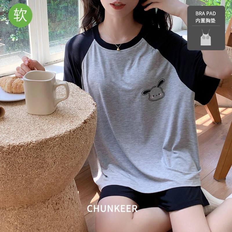 Summer Modal Pajamas with Chest Pad Women's Short-sleeved Fashionable Shorts Thin Cartoon Simple Casual Home suit Summer Modal Pajamas with Chest Pad Women's Short-sleeved Fashionable Shorts Thin Cartoon Simple Casual Home suit