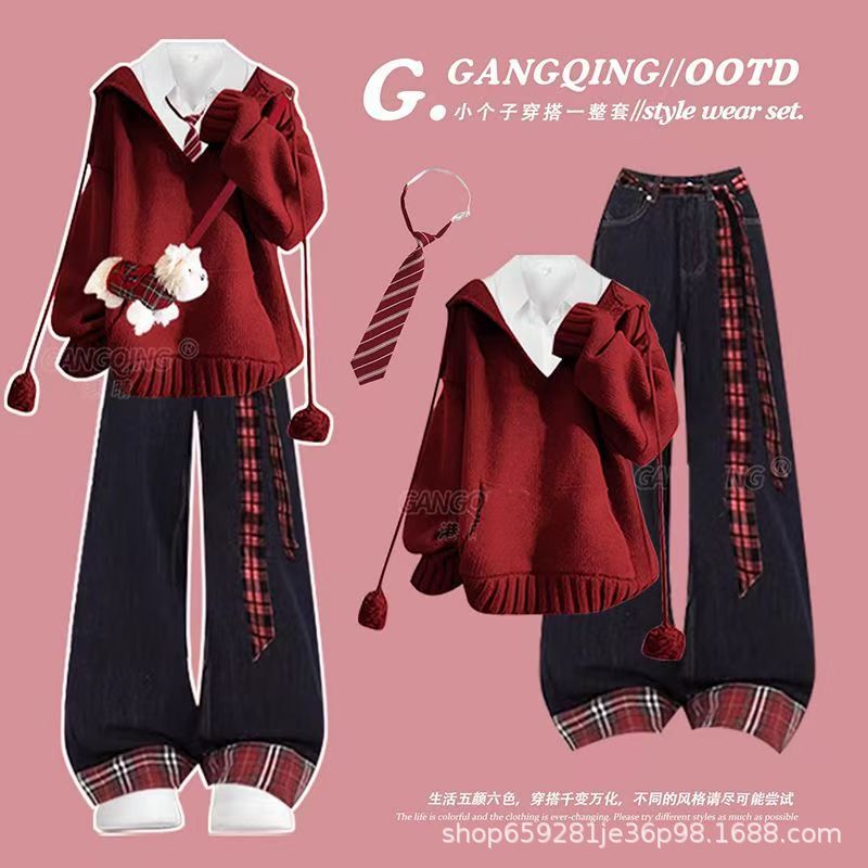 Plus-Size Women's Red Sweater, Shirt, and Plaid Wide-Leg Pants Three-Piece Set, Winter Mature Style, New Year's High-End Outfit