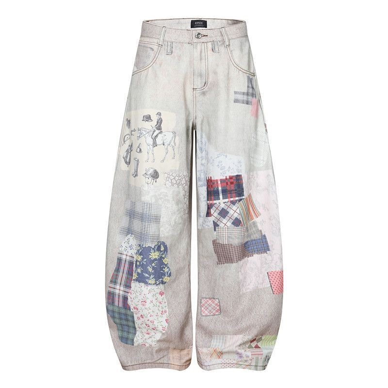 Original design 3D printed distressed silhouette jeans for petite individuals, unisex loose-fitting curved wide-leg pants Original design 3D printed distressed silhouette jeans for petite individuals, unisex loose-fitting curved wide-leg pants