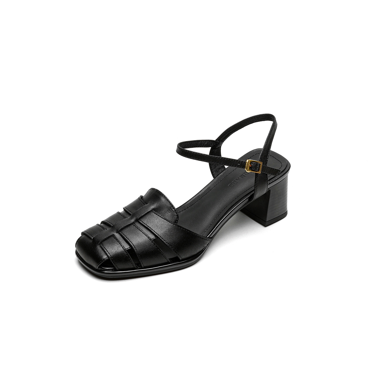 Sandal cao gót nữ quai ngang mũi kín da cừu dệt rỗng phong cách vintage — đen chi tiết 28
