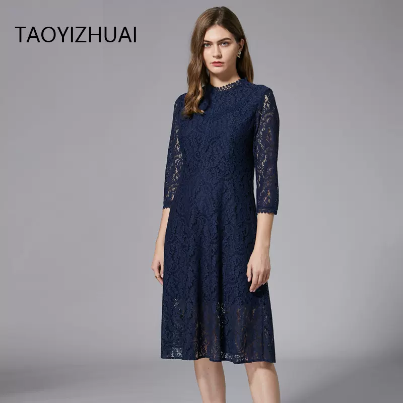蓝色蕾丝连衣裙 春秋新款女装宽松百搭大摆休闲品牌显瘦A字裙子潮