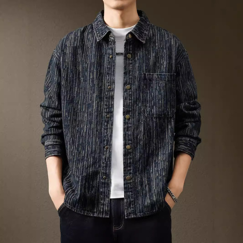 High-end American-style Jacquard Washed Denim Shirt Men's Autumn New Arrival Loose plus size Striped Vintage Jacket Coat Trendy