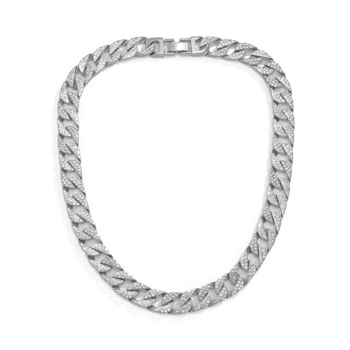 Bijoux Hip-hop pour femmes, chaîne cubaine entièrement en diamant avec boucle à pression en strass ajourée, collier de clavicule_voghion.com