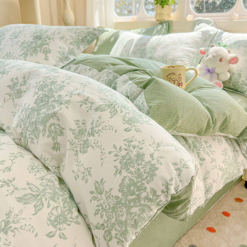 Juego de cuatro piezas de algodón puro, ropa de cama nueva 2024, funda de edredón floral fresca, sábana, cama de tres piezas para dormitorio