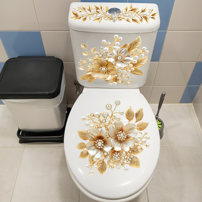 Luxurious Diamond-Encrusted Gold Floral Toilet Decoration Sticker, Bathroom Ins-Style Self-Adhesive, Waterproof and Durable Luxurious Diamond-Encrusted Gold Floral Toilet Decoration Sticker, Bathroom Ins-Style Self-Adhesive, Waterproof and Durable